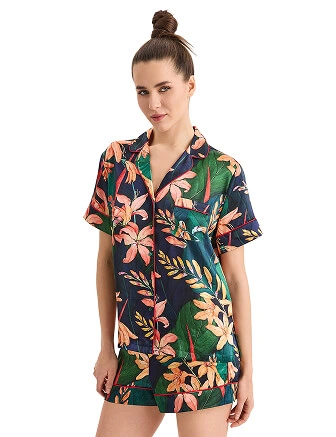 Комплект женский из шелка (жакет+шорты), цвет принт тропический, фото 1