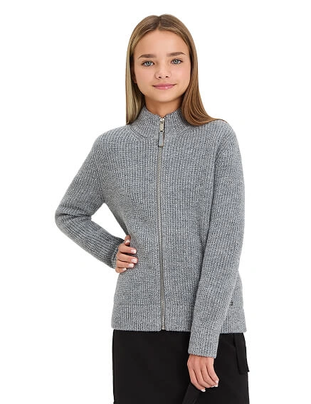 Кардиган из 100% шерсти мериноса на молнии для девочек-подростков, цвет пепельный меланж, фото 1