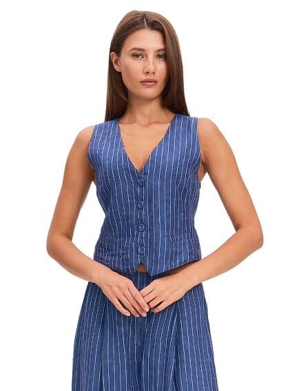Элегантный льняной жилет LINEN, цвет джинс-полоска белая, фото 1