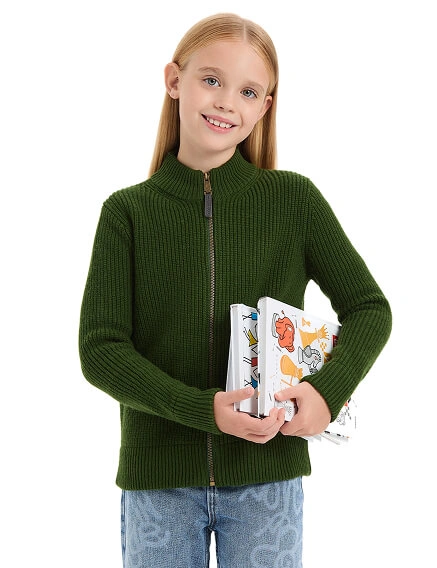 Кардиган из 100% шерсти мериноса на молнии для девочек, цвет олива, фото 3