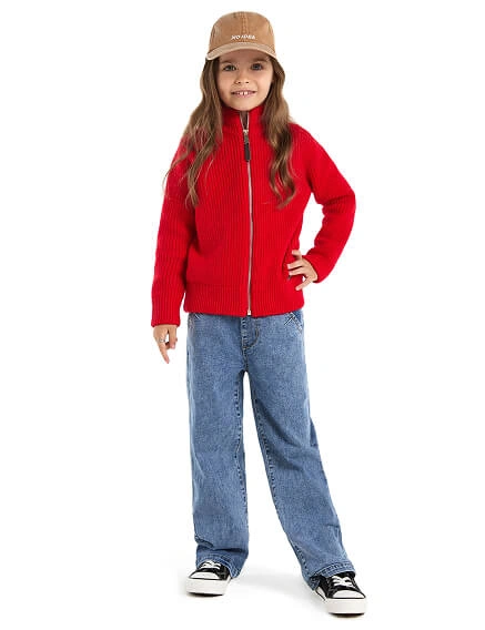 Кардиган из 100% шерсти мериноса на молнии для девочек, цвет красный, фото 3