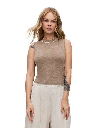 Топ трикотажный с кантом, цвет бежевый меланж, фото 1