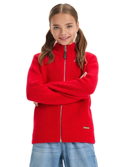 Кардиган из 100% шерсти мериноса на молнии для девочек-подростков, цвет красный, фото 1