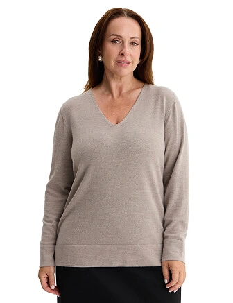 Merino Base Джемпер женский V-вырез plus size, цвет серо-бежевый, фото 1
