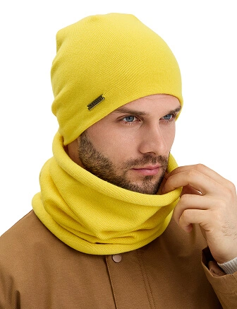 Комплект шапка и снуд из 100% шерсти мериносов, цвет желтый, фото 2