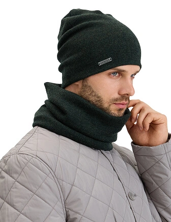 Комплект шапка и снуд из 100% шерсти мериносов, цвет темно-болотный, фото 2