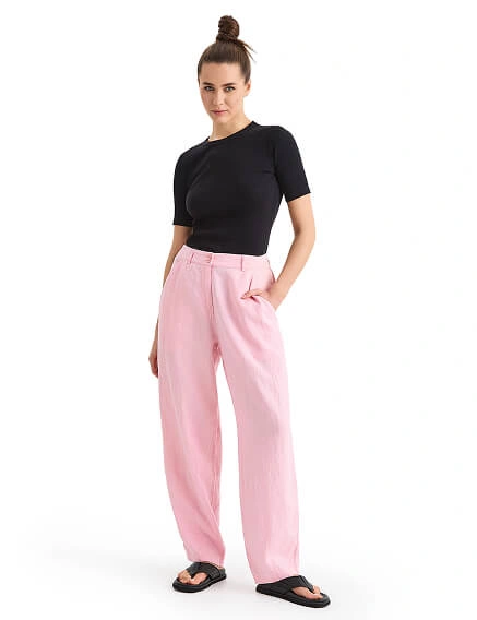 Брюки женские с карманами серии LINEN, цвет розовый, фото 1