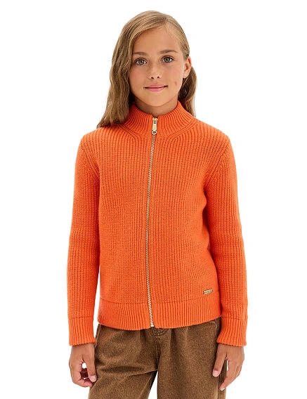 Кардиган из 100% шерсти мериноса на молнии для девочек-подростков, цвет оранжевый коралл, фото 1