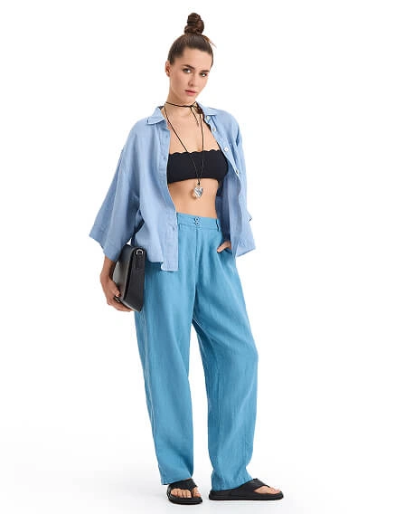 Брюки женские с карманами серии LINEN, цвет голубой пепельный, фото 1