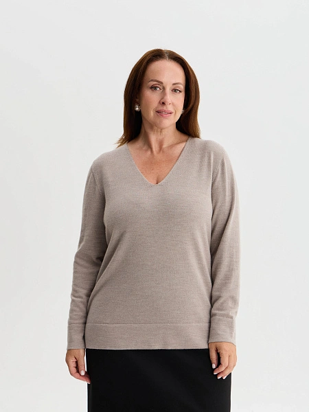 Merino Base Джемпер женский V-вырез plus size, цвет серо-бежевый, фото 1