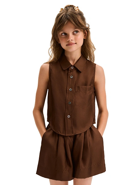 Блуза SILK для девочки без рукавов, цвет шоколад, фото 1