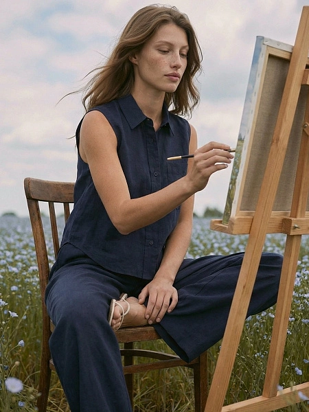 LINEN Блуза женская без рукавов, цвет темно-синий, фото 6