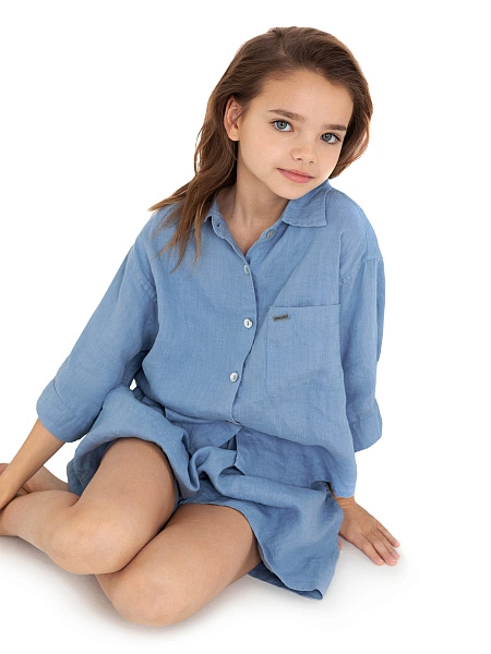 Рубашка для девочки серии LINEN, цвет голубой пепельный, фото 5