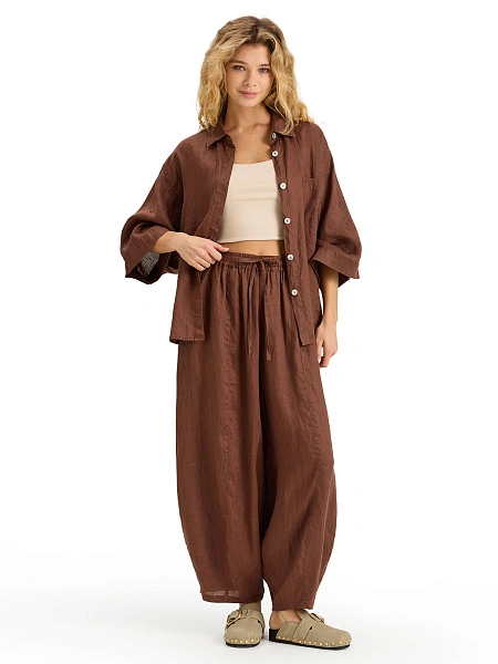 Рубашка женская c широкими рукавами серии LINEN, цвет кофе, фото 5