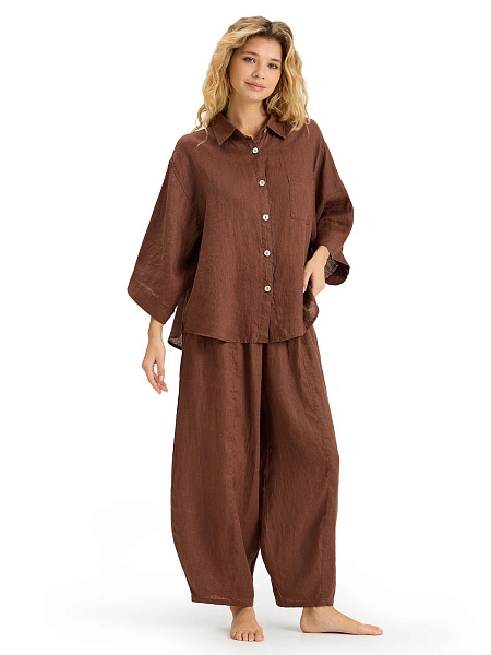Рубашка женская c широкими рукавами серии LINEN, цвет кофе, фото 4