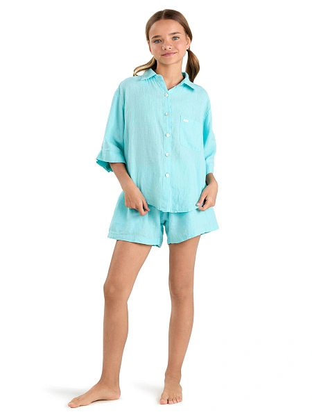 Рубашка для девочек-подростков серии LINEN, цвет тиффани, фото 2