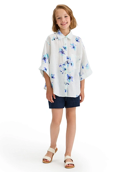 LINEN Рубашка для девочки, цвет белый, паттерн flowers, фото 5