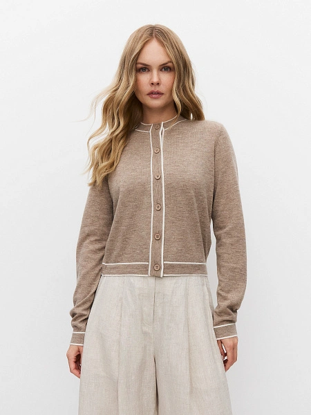 Кардиган на пуговицах с кантом, цвет бежевый меланж, фото 1