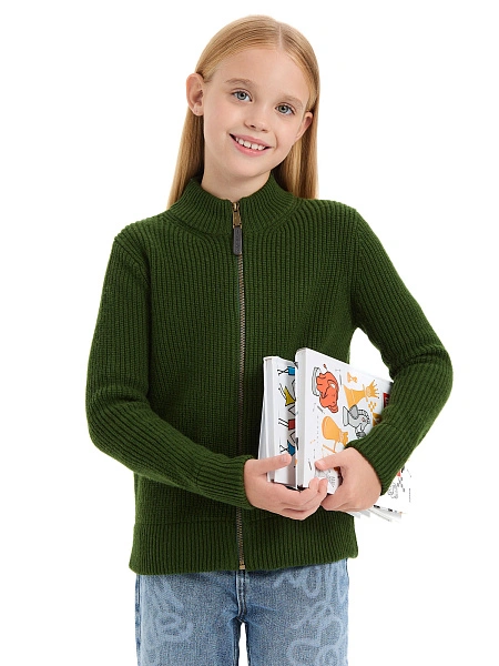 Кардиган из 100% шерсти мериноса на молнии для девочек, цвет олива, фото 4