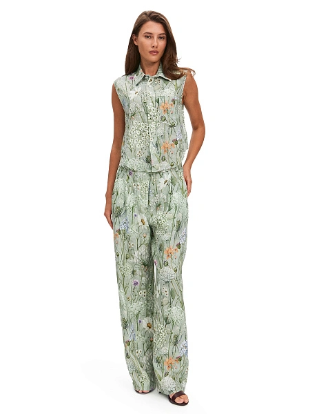 LINEN Брюки женские прямые, цвет шалфей, паттерн wild flowers, фото 1