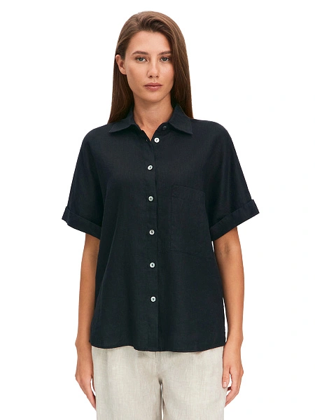 LINEN Рубашка женская прямая с коротким рукавом, цвет черный, фото 1