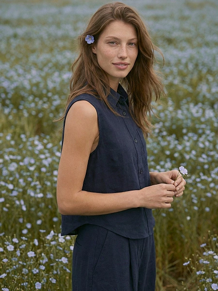 LINEN Блуза женская без рукавов, цвет темно-синий, фото 5