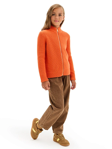 Кардиган из 100% шерсти мериноса на молнии для девочек, цвет оранжевый коралл, фото 6