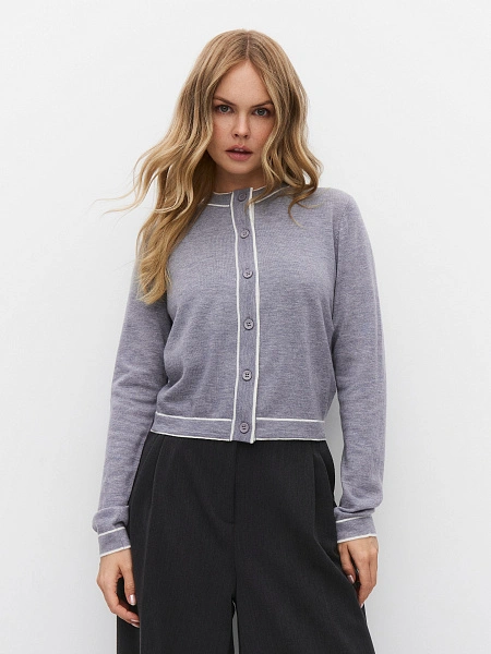 Кардиган на пуговицах с кантом, цвет серый меланж, фото 1