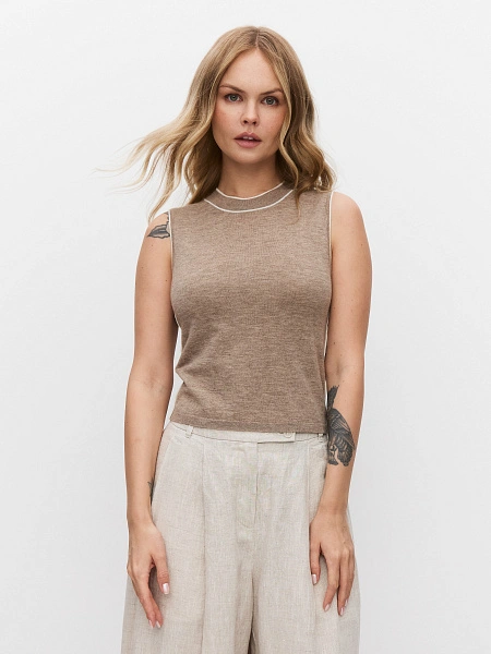 Топ трикотажный с кантом, цвет бежевый меланж, фото 1