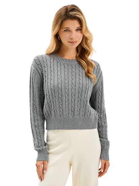 Джемпер женский серии Cotton "косы" укороченный, цвет светло-серый меланж, фото 1