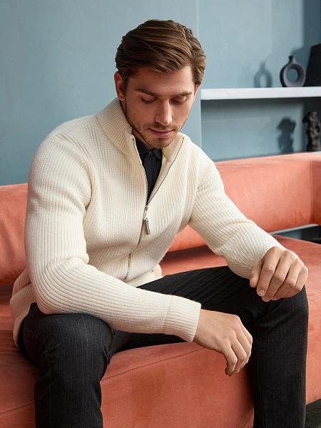 Кардиган мужской на молнии Merino Knitted, цвет молочный, фото 6