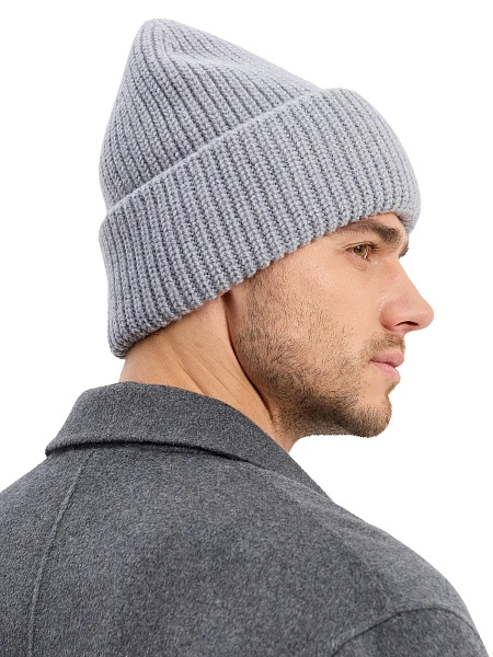 Мужская шапка с отворотом из 100% шерсти, цвет серый меланж, фото 6