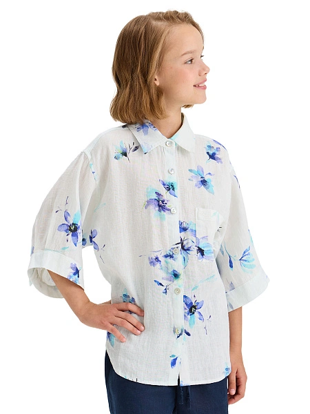 LINEN Рубашка для девочки, цвет белый, паттерн flowers, фото 1