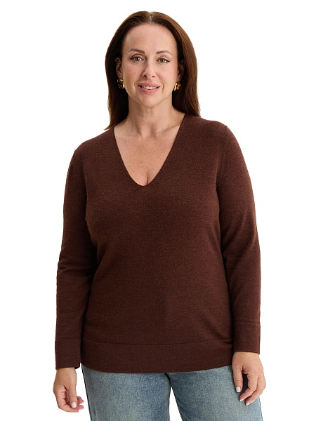 Merino Base Джемпер женский V-вырез plus size, цвет шоколад, фото 1