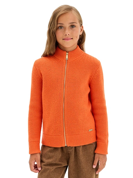 Кардиган из 100% шерсти мериноса на молнии для девочек, цвет оранжевый коралл, фото 1
