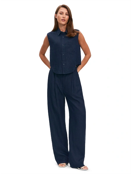 LINEN Блуза женская без рукавов, цвет темно-синий, фото 4