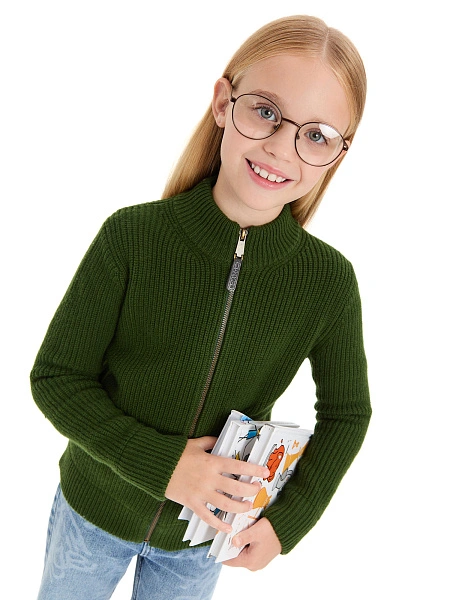 Кардиган из 100% шерсти мериноса на молнии для девочек, цвет олива, фото 5