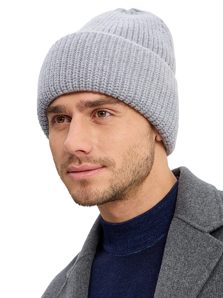 Мужская шапка с отворотом из 100% шерсти, цвет серый меланж, фото 1