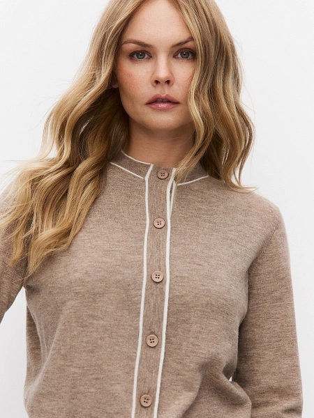 Кардиган на пуговицах с кантом, цвет бежевый меланж, фото 3