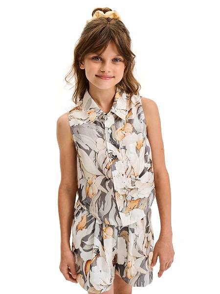 Блуза SILK для девочки без рукавов, цвет паттерн peonies, фото 1