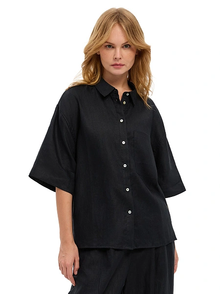 LINEN Рубашка женская с коротким рукавом, цвет черный, фото 1