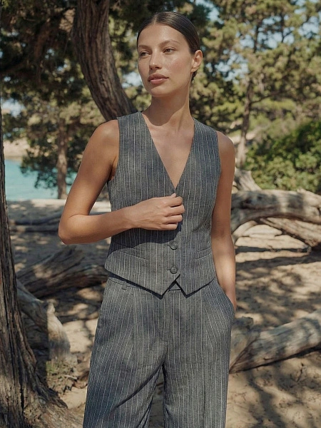 Элегантный льняной жилет LINEN, цвет серый-полоска белая, фото 5