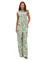 LINEN Брюки женские прямые Шалфей, паттерн Wild Flowers