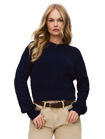 Джемпер с орнаментом "косы" укороченный, цвет темно-синий, фото 1