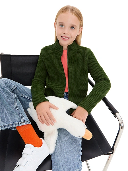 Кардиган из 100% шерсти мериноса на молнии для девочек, цвет олива, фото 6