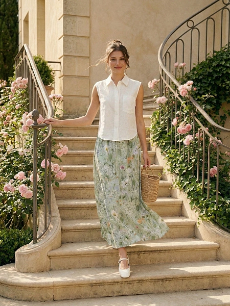 Юбка LINEN из умягченного льна, цвет шалфей, паттерн wild flowers, фото 5