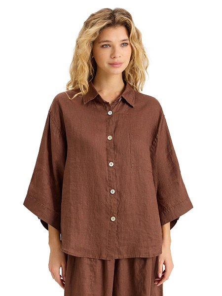 Рубашка женская c широкими рукавами серии LINEN, цвет кофе, фото 1