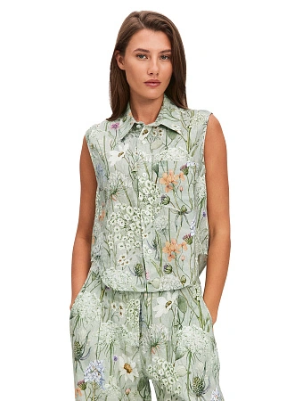 LINEN Блуза женская без рукавов, цвет шалфей, паттерн wild flowers, фото 1