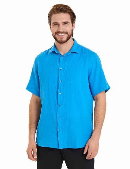 Рубашка мужская серии LINEN с коротким рукавом, цвет лазурный, фото 1