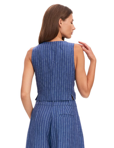 Элегантный льняной жилет LINEN, цвет джинс-полоска белая, фото 2